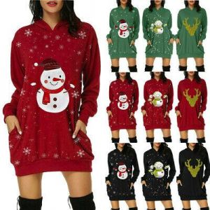 שמלת סוודרים לנשים קפוצ 'ון חג המולד כיס ירך כיס חג המולד הדפסת חג המולד